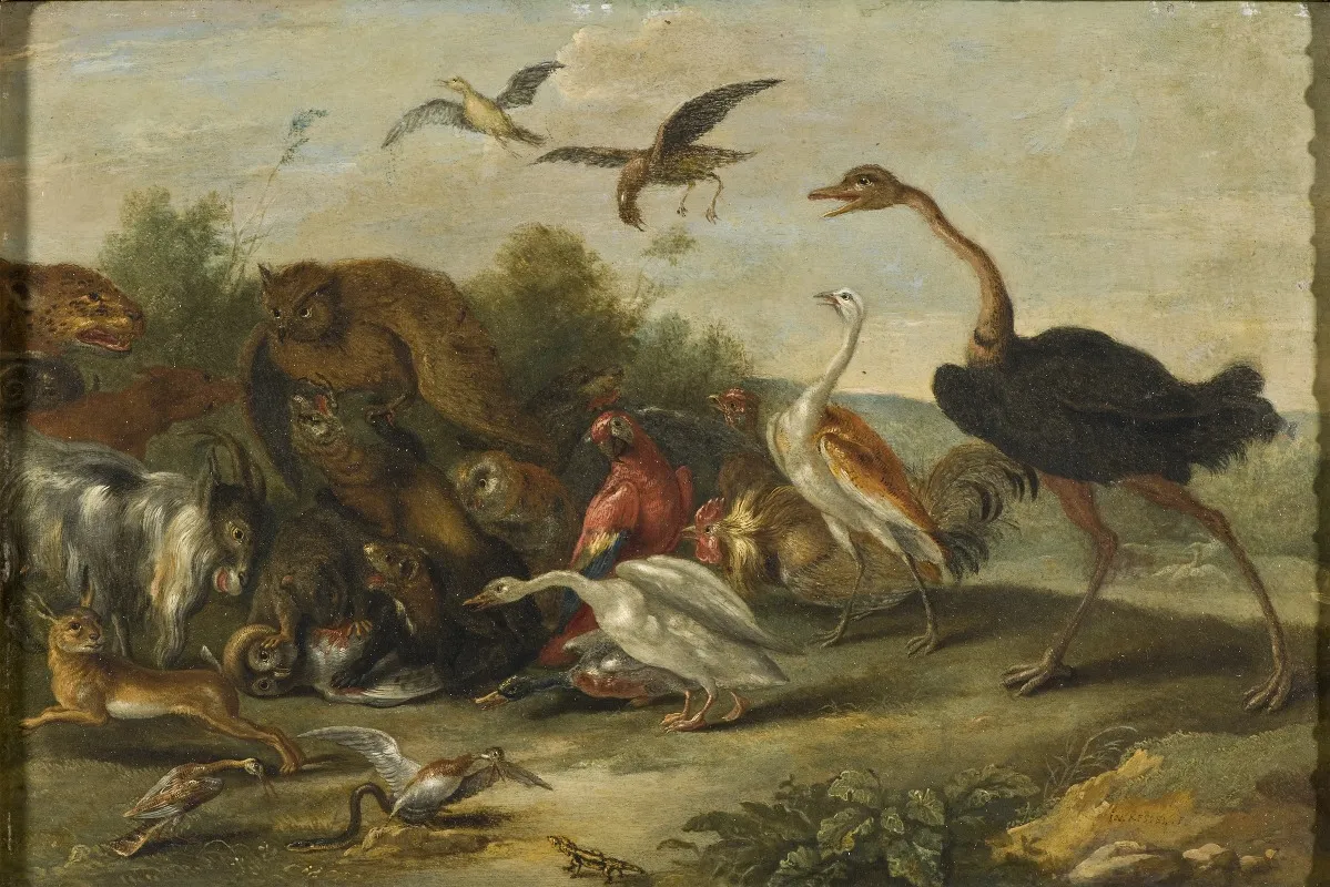 Battle Between Owls And Quadrupeds Wall Art by Jan Van Kessel The Elder - High-Resolution Digital Print