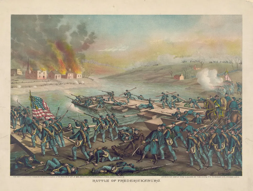 Battle Of Fredericksburg The Army O T Potomac Crossing The Rappahannock In The Morning Of Dec 13 1862 Under T Comd Of Gens Burnside Sumner Hooker Franklin Wall Art by Kurz & Allison - High-Resolution Digital Print