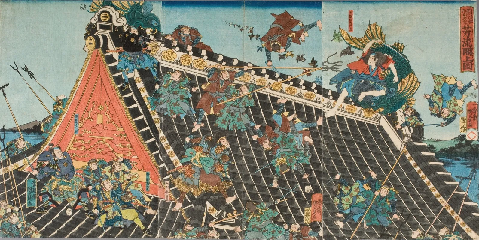 Battle On Roof Of Horyukaku From The Play Tale Of The Eight Dogs Hakkenden