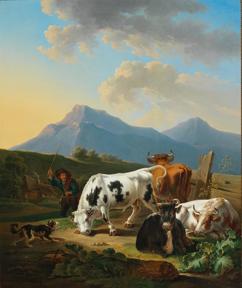 Bauer Mit Stier Und Kuhen Wall Art by Johann Baptist Dallinger von Dalling - High-Resolution Digital Print