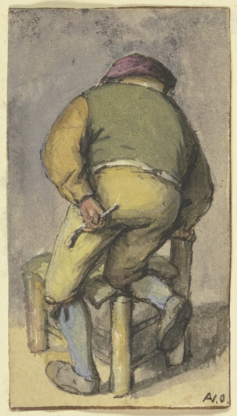 Bauer Von Hinten Mit Dem Rechten Bein Auf Einem Stuhl Kniend Wall Art by Adriaen van Ostade - High-Resolution Digital Print