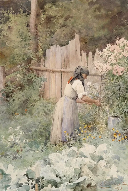 Bauerin In Ihrem Gemusegarten Wall Art by Ernestine von Kirchsberg - High-Resolution Digital Print