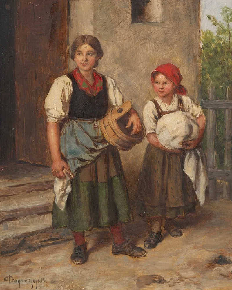 Bauerin Mit Dirndl Vor Dem Waschhaus