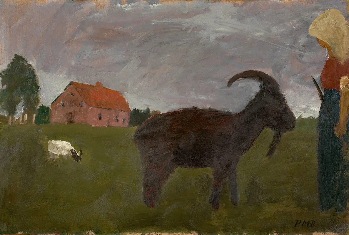 Bauerin Mit Zwei Ziegen Vor Gehoft Wall Art by Paula Modersohn-Becker - High-Resolution Digital Print