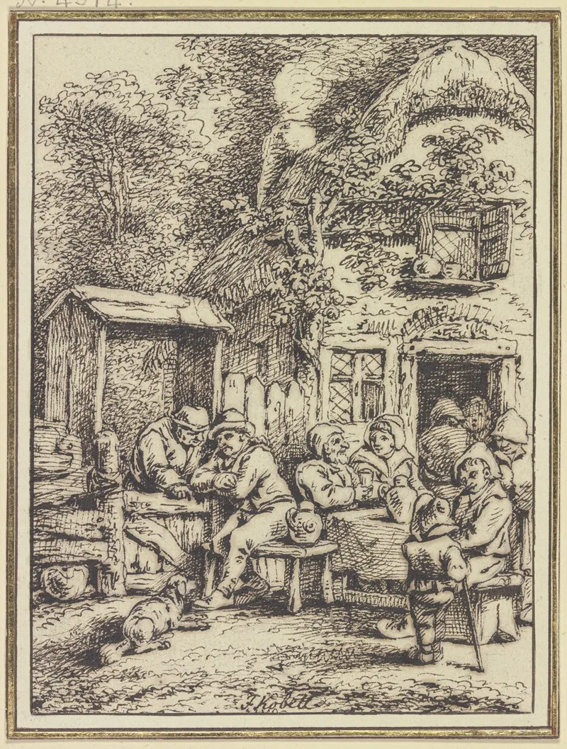 Bauerngruppe Vor Einem Haus Bei Unterhaltung Und Trunk