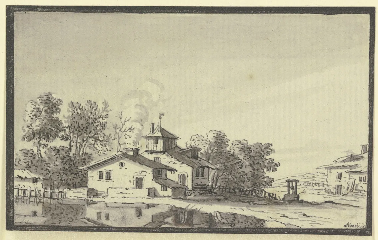 Bauernhof Von Baumen Umgeben Am Ufer Eines Teiches