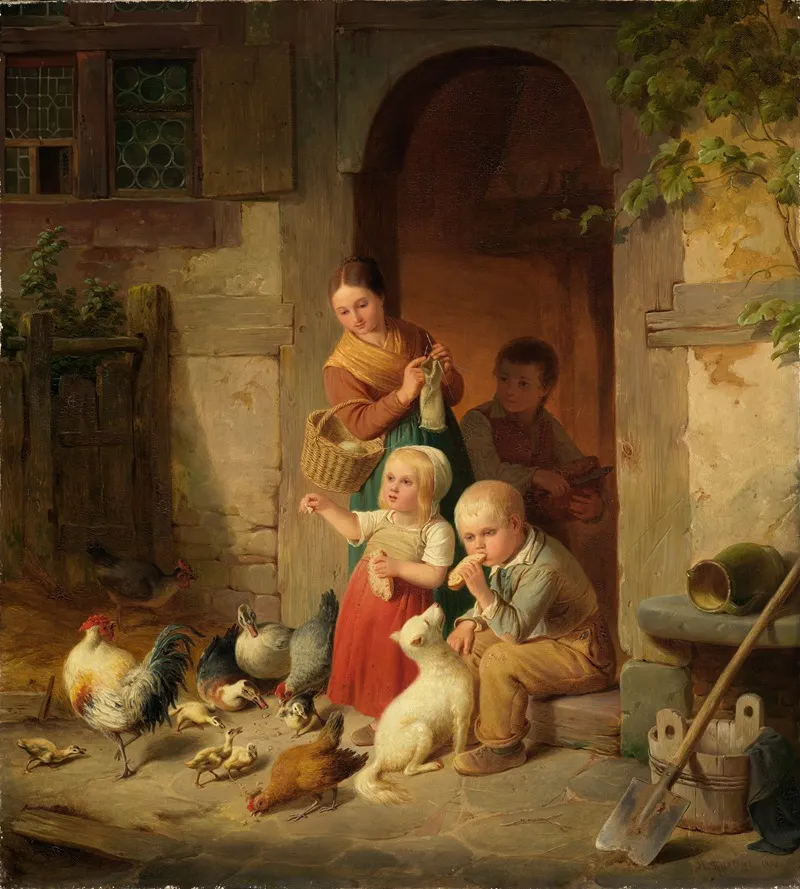Bauernkinder Futtern Huhner Wall Art by Heinrich von Rustige - High-Resolution Digital Print