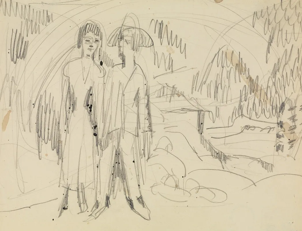Bauernpaar Vor Berglandschaft Wall Art by Ernst Ludwig Kirchner - High-Resolution Digital Print