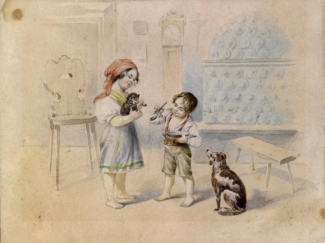 Bauernstube Mit Kachelofen Und Kindern Wall Art by Johann Matthias Ranftl - High-Resolution Digital Print