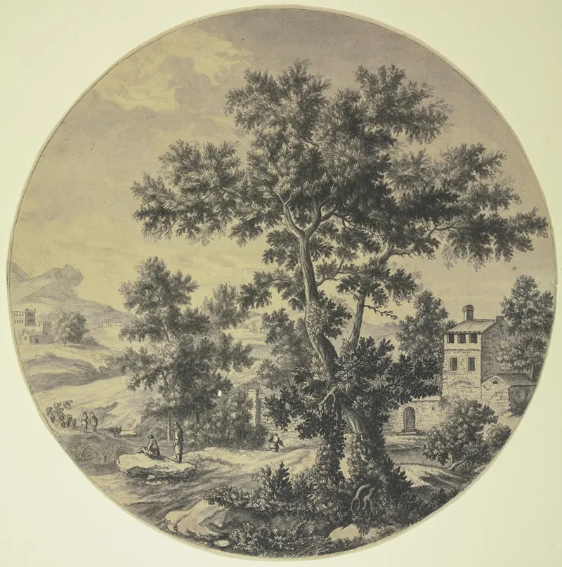 Baumgruppe Mit Gebauden Links Zwei Schafer Mit Ihrer Herde Wall Art by Gabriel Pérelle - High-Resolution Digital Print