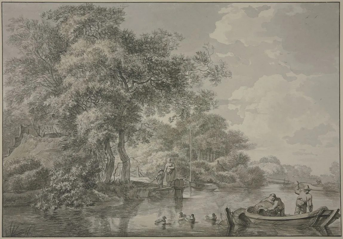 Baumpartie Mit Fischerhutten An Einem Fluss Rechts Im Vordergrund Ein Kahn Mit Zwei Mannern Die Reusen Legen Dabei Vier Schwimmende Enten Wall Art by Geerlig Grijpmoed - High-Resolution Digital Print
