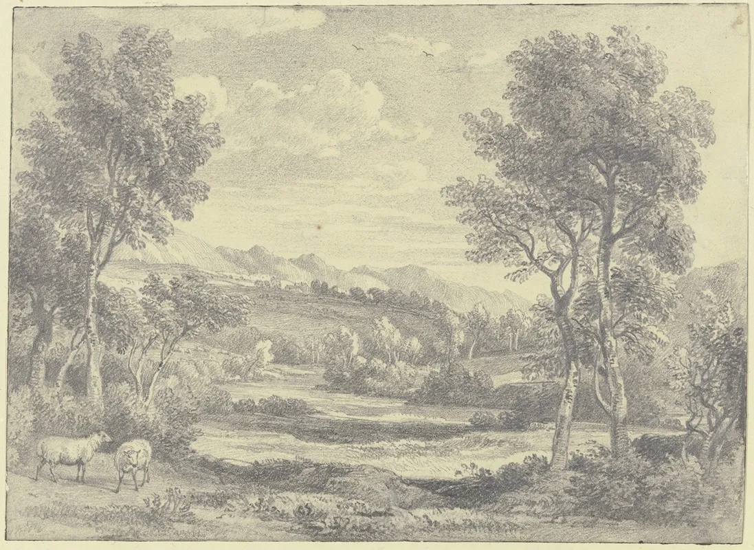Baumreiche Landschaft Mit Zwei Schafen Im Vordergrund Wall Art by Ramsay Richard Reinagle - High-Resolution Digital Print
