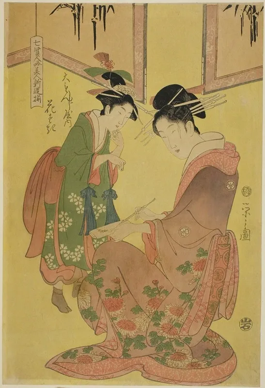 Beauties Parodying The Seven Sages A Selection Of Younger Courtesans Shichi Kenjin Yatsushi Bijin Shinzo Zoroe Hanasaki Of The Daimonjiya