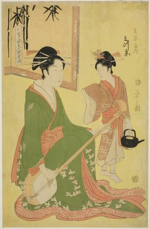 Beauties Parodying The Seven Sages A Selection Of Younger Courtesans Shichi Kenjin Yatsushi Bijin Shinzo Zoroe Mitsuito Of The Hyogoya