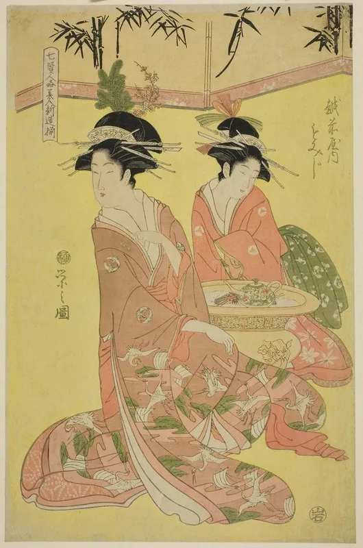 Beauties Parodying The Seven Sages A Selection Of Younger Courtesans Shichi Kenjin Yatsushi Bijin Shinzo Zoroe Momiji Of The Echizenya