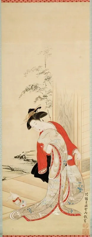 Beautiful Woman Playing With Cat Wall Art by Tsukioka Masanobu Settei - High-Resolution Digital Print