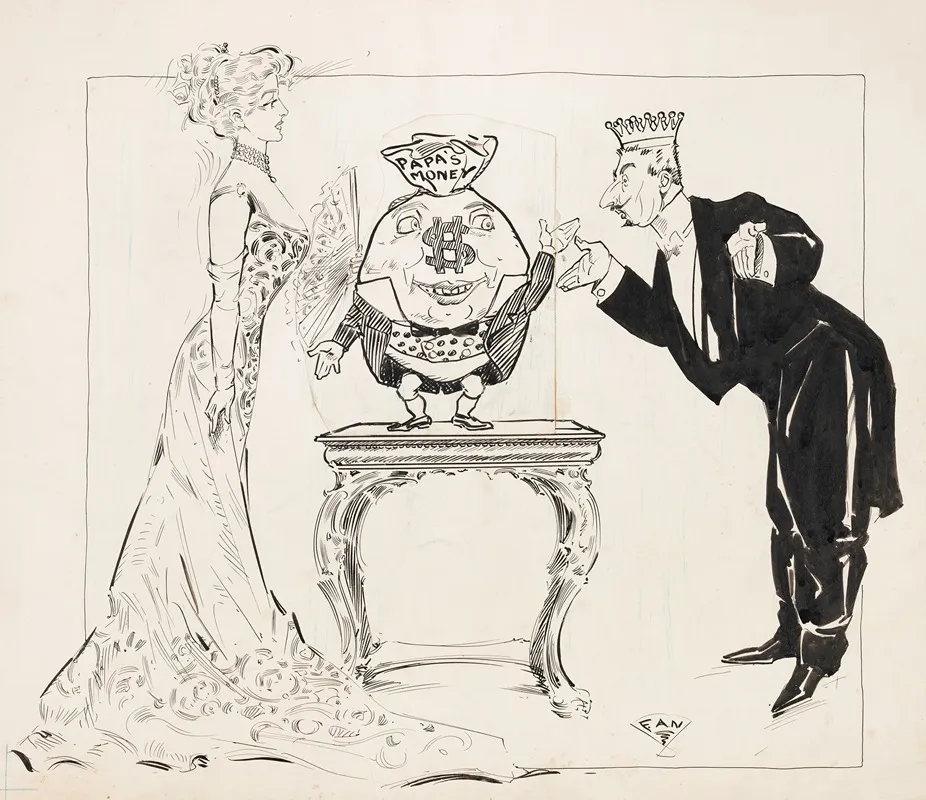 Beautiful Young Woman And A Crowned Gentleman Greeting Money Bag On Table