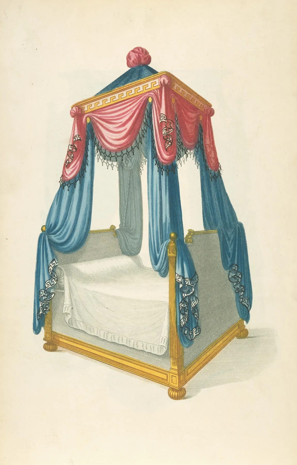 Bed With Blue And Red Drapery Wall Art by Thomas Sheraton - High-Resolution Digital Print