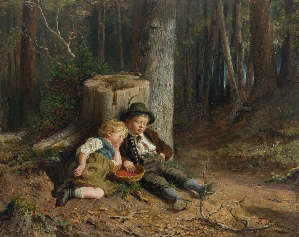 Beerenpfluckende Kinder Im Wald Eingeschlafen Wall Art by Felix Schlesinger - High-Resolution Digital Print