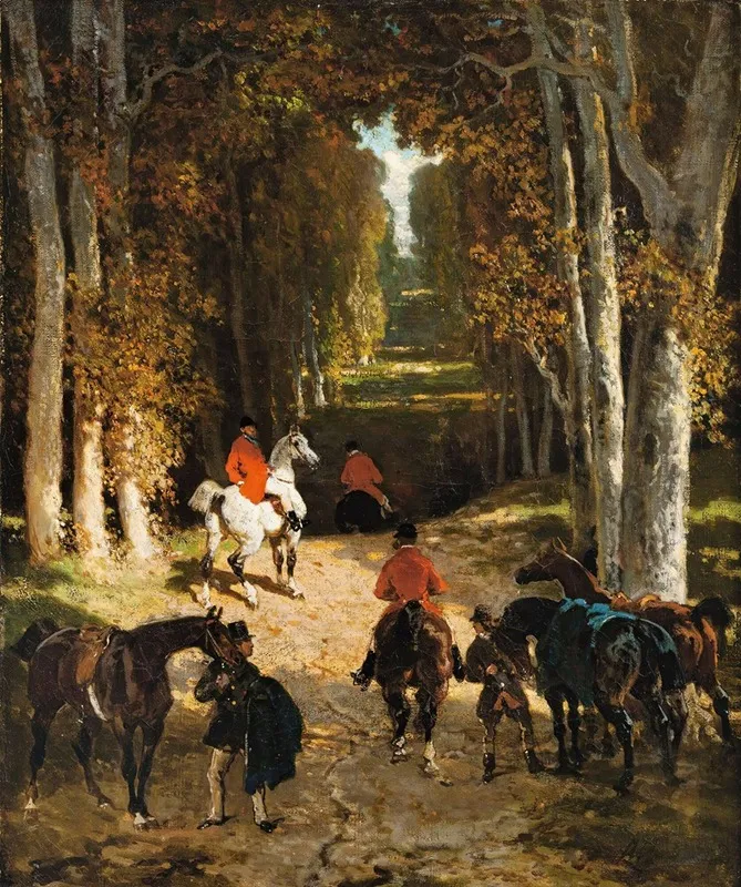 Before The Departure For Hunting In An Alley Wall Art by Alfred De Dreux - High-Resolution Digital Print