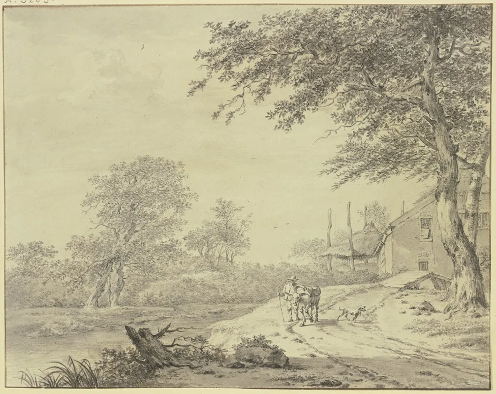 Bei Bauernhausern Fuhrt Ein Weg Vorbei Darauf Ein Eselstreiber Mit Einem Esel Und Hund Wall Art by Herman Naiwinx - High-Resolution Digital Print