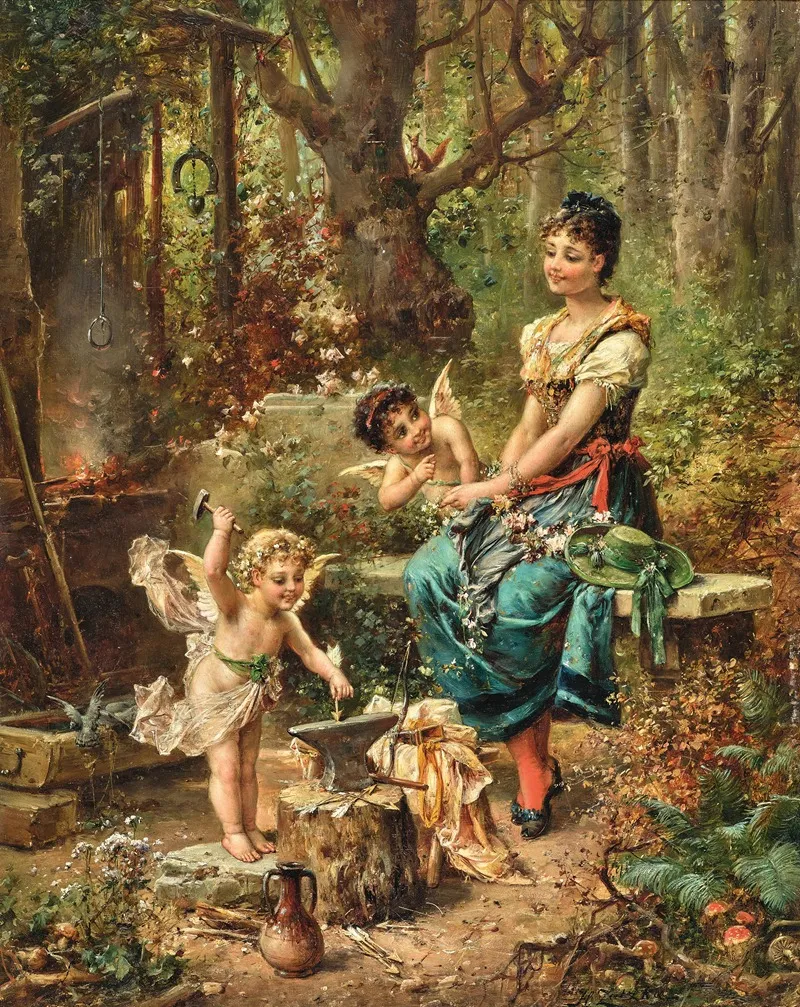 Bei Der Waldschmiede Cupids Arrows Being Forged Wall Art by Hans Zatzka - High-Resolution Digital Print