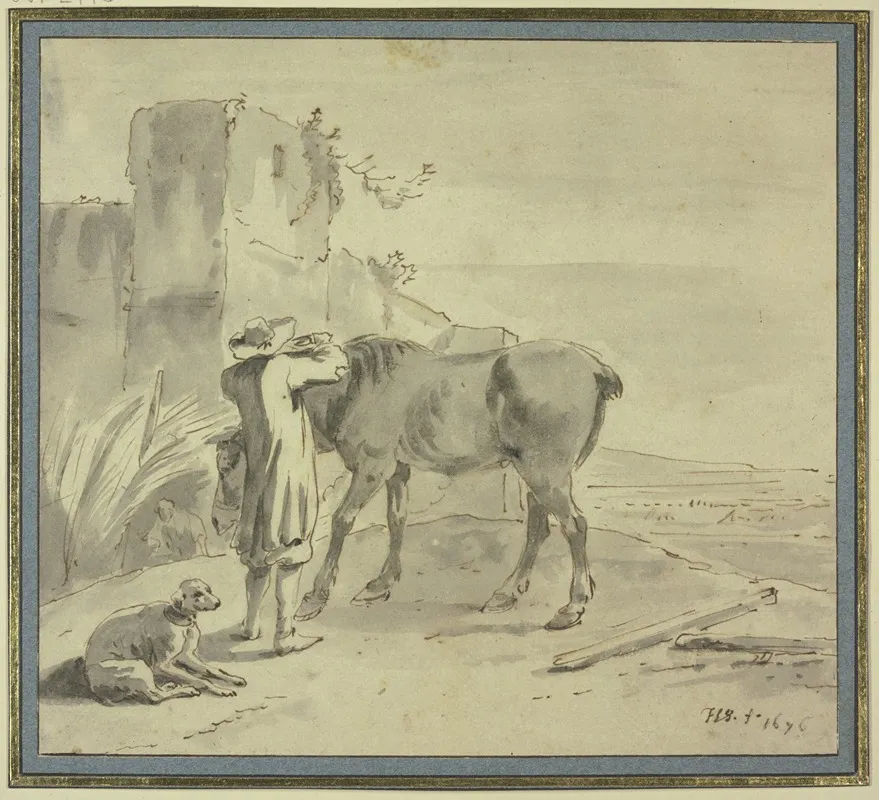 Bei Einem Alten Turm Steht Ein Bauer An Seinem Pferde Beschaftigt Dabei Ein Hund Wall Art by Hendrik Verschuring - High-Resolution Digital Print