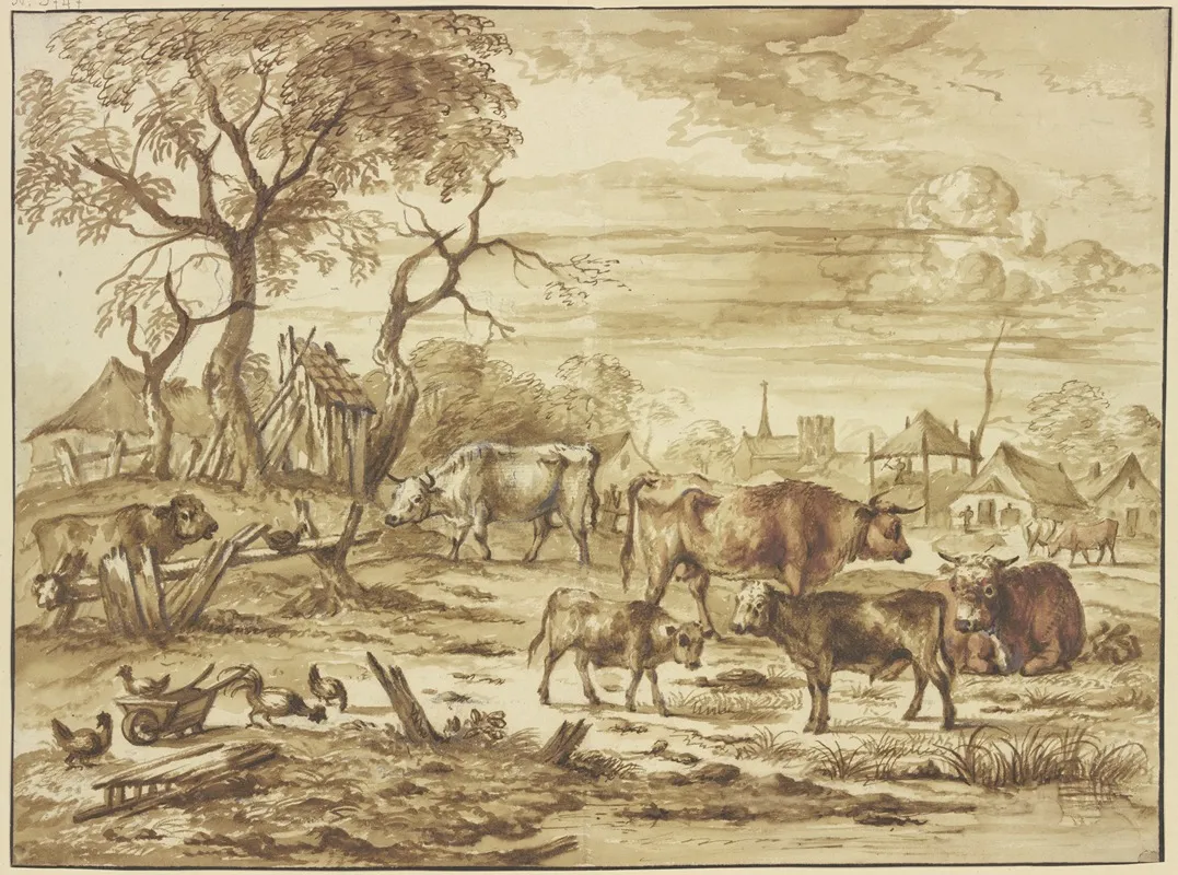 Bei Einem Dorf Kuhe Und Kalber Links Bei Einem Schubkarren Huhner Wall Art by Michiel Carree - High-Resolution Digital Print