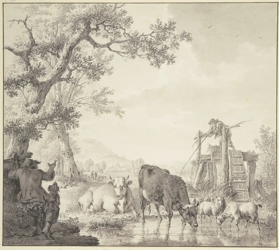 Bei Einem Wasser Zwei Kuhe Zwei Pferde Und Eine Ziege Links Der Hirte Mit Dem Hunde Wall Art by Bernhard Hendrik Thier - High-Resolution Digital Print