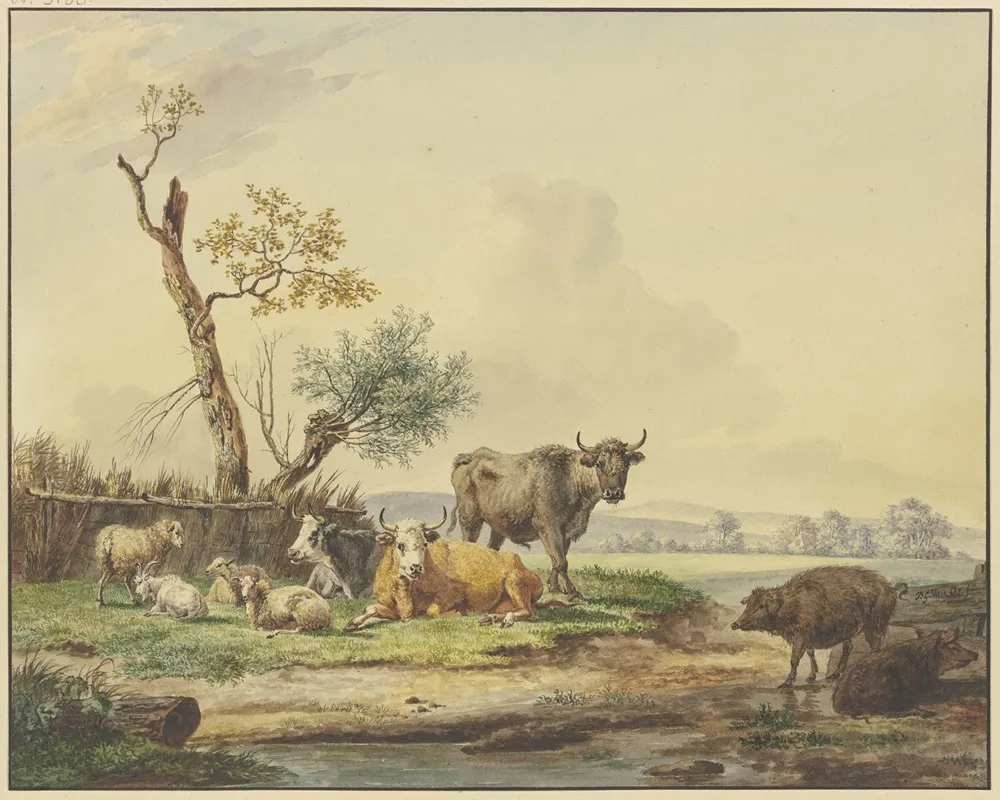 Bei Einem Zaun Vieh Auf Der Weide Rechts Zwei Schweine Wall Art by Pieter Gerardus van Os - High-Resolution Digital Print