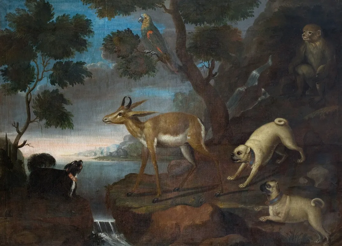 Bengalese Deer Attacked By Pugs Wall Art by David Kock - High-Resolution Digital Print