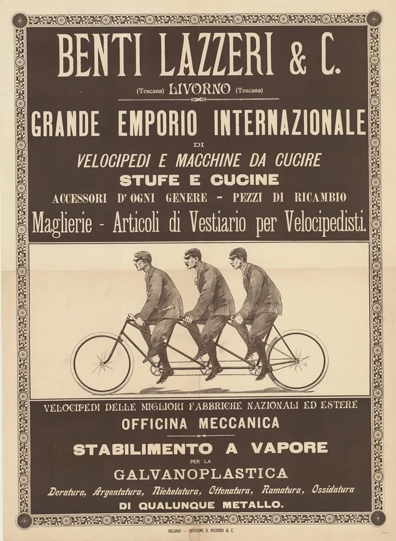 Benti Lazzeri C Livorno Grande Emporio Internazionale Di Velocipedi E Macchine Da Cucire Wall Art by G. Ricordi &amp; C. - High-Resolution Digital Print