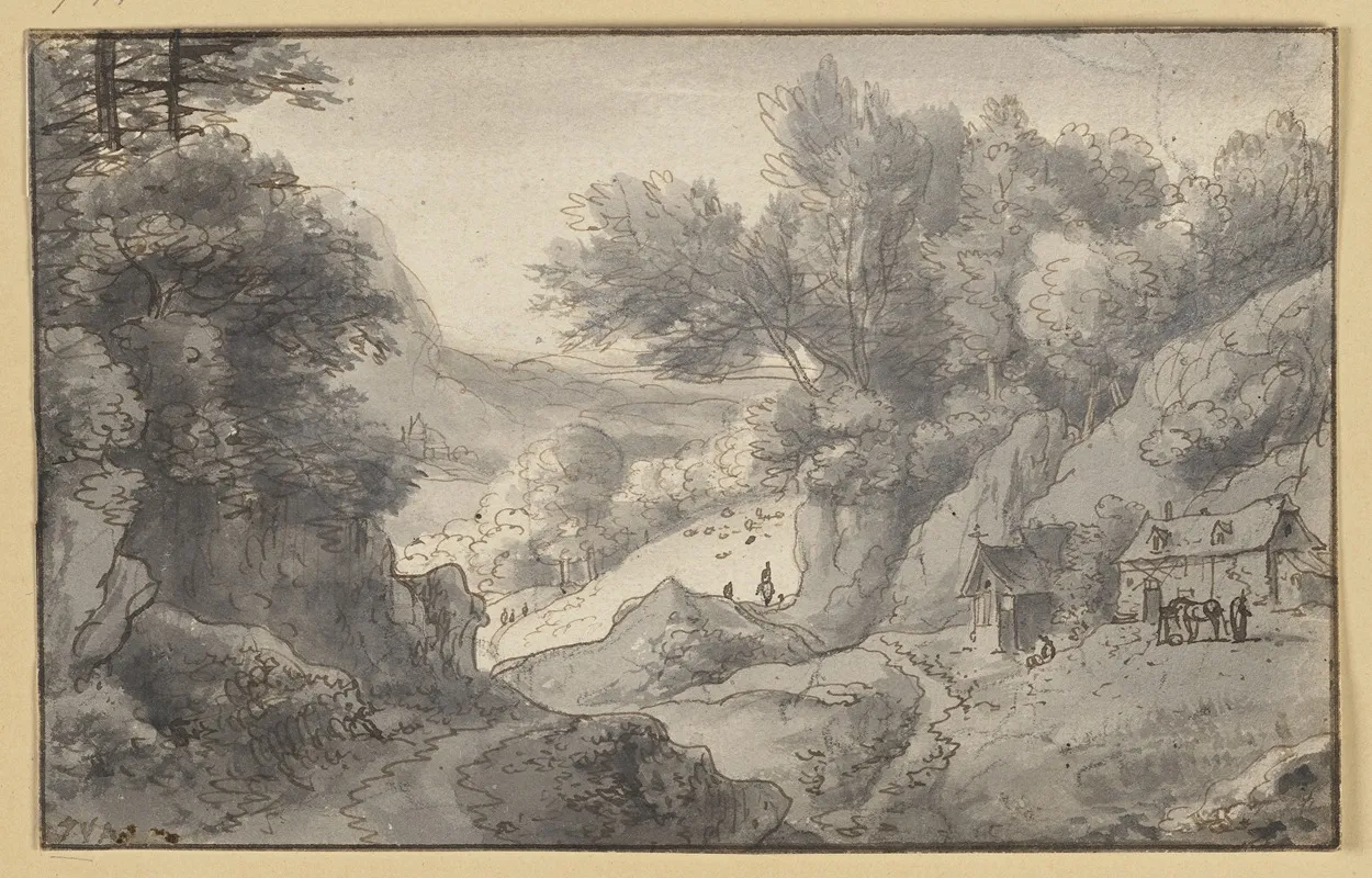 Bergige Landschaft Rechts Zwei Hutten Davor Ein Pferd Bei Einem Futterkasten Wall Art by Jan van Aken - High-Resolution Digital Print
