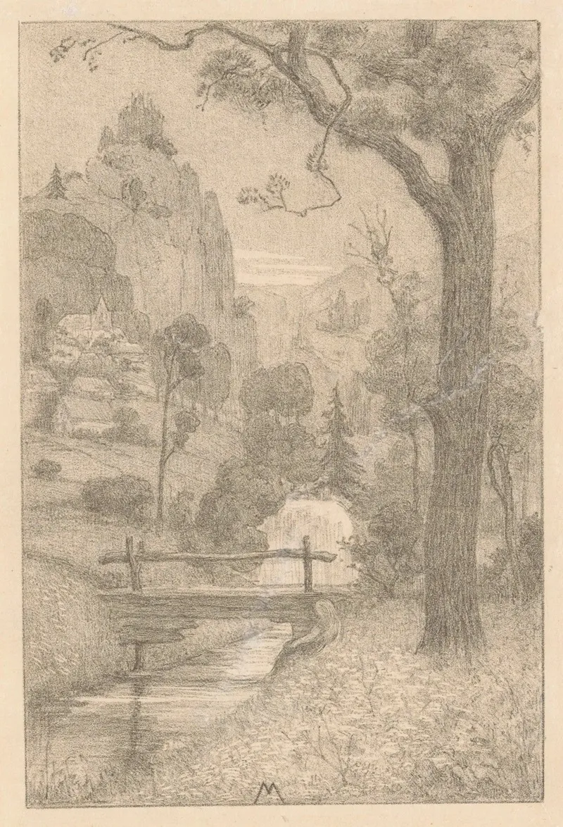 Berglandschap Met Waterval En Brug