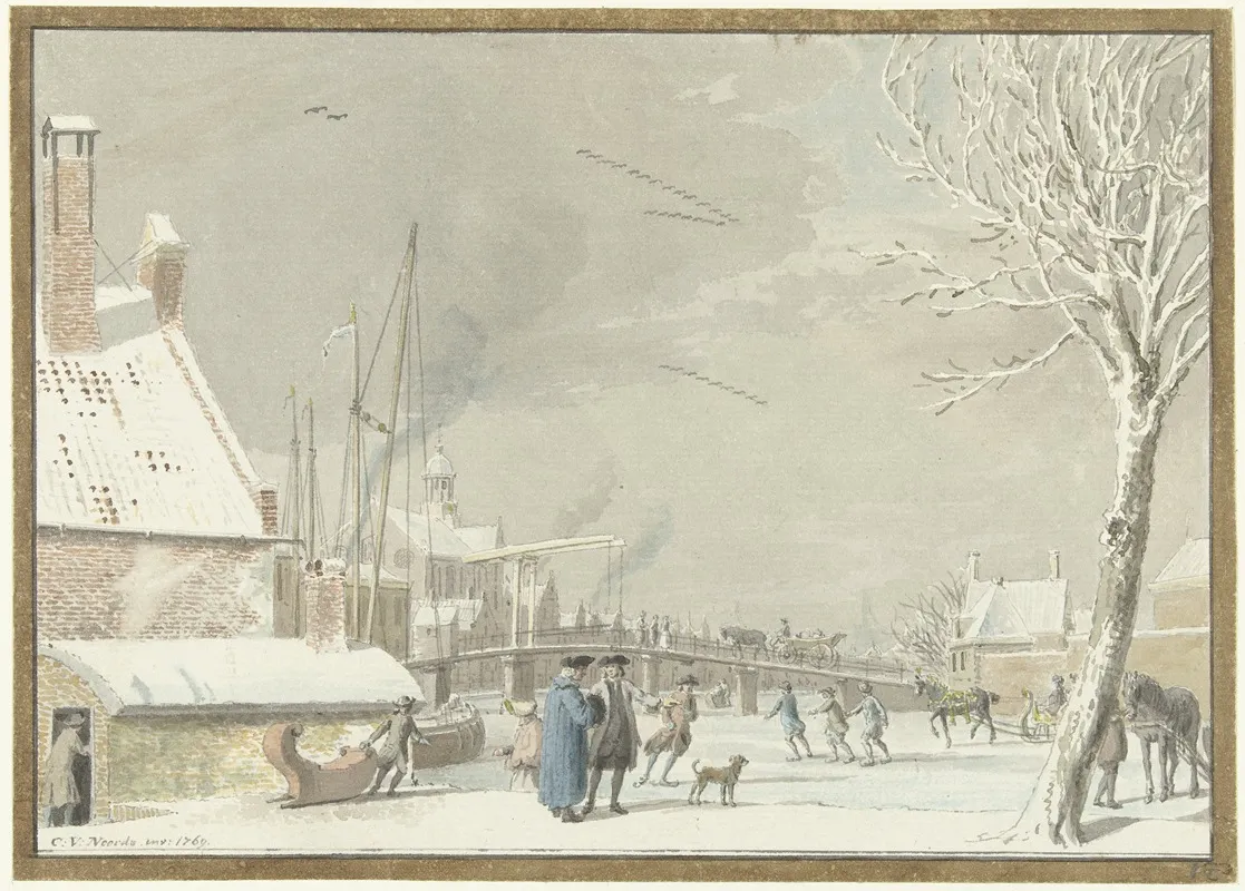 Bevroren Stadsgracht Met Schaatsers Wall Art by Cornelis van Noorde - High-Resolution Digital Print