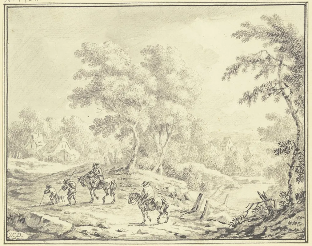 Bewaldete Hugelige Landschaft In Der Mitte Eine Baumgruppe Hinter Der Hauser Liegen Im Vordergrund Ein Mann Und Eine Frau Zu Pferde Mit Zwei Begleitern Zu Fus Wall Art by Johann Christoph Dietzsch - High-Resolution Digital Print