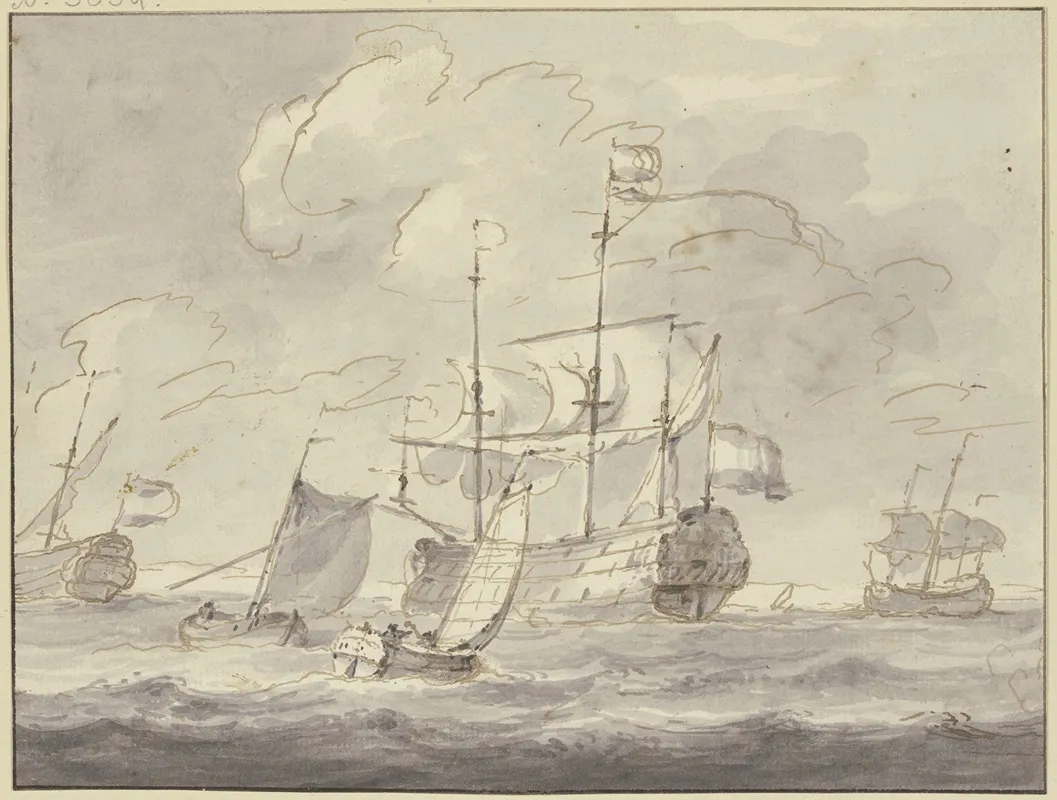 Bewegte See Drei Grose Schiffe Und Zwei Boote Nach Rechts Segelnd