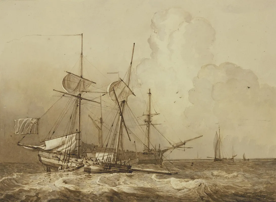 Bewegte See Ein Zweimastiges Schiff Segelt Nach Rechts An Einem Dreimaster Vorbei Der Die Segel Eingerefft Hat Wall Art by Leendert de Koningh - High-Resolution Digital Print