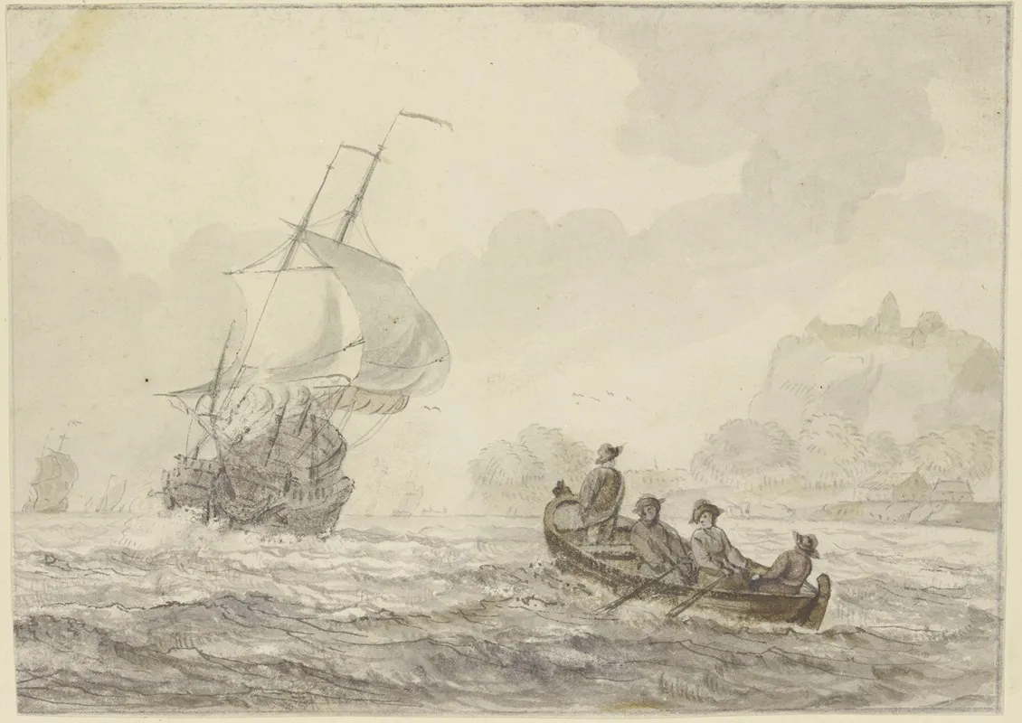 Bewegte See Links Segelt Ein Groses Schiff Rechts Ein Ruderboot Mit Vier Mann Wall Art by Wigerus Vitringa - High-Resolution Digital Print