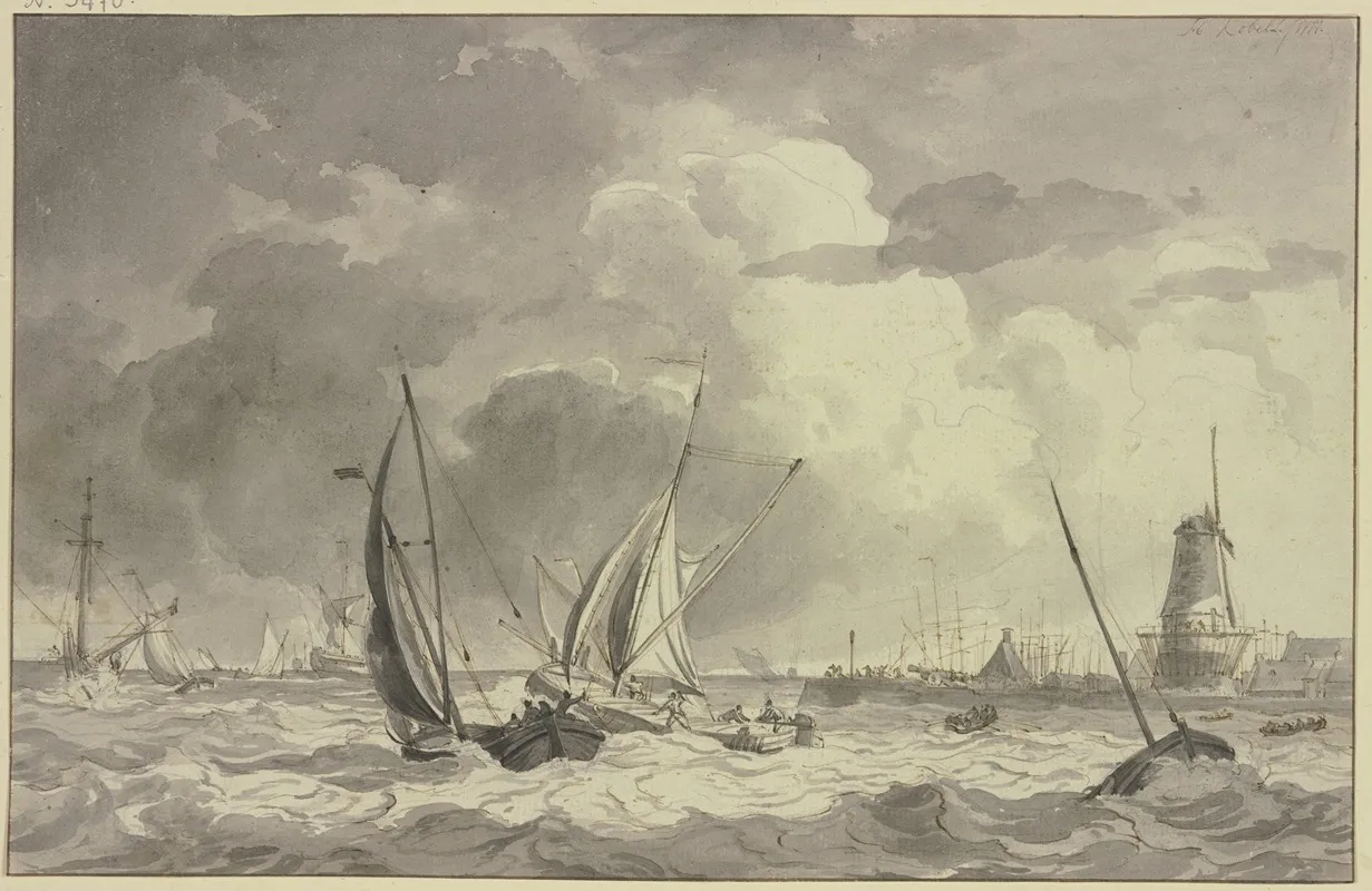 Bewegte See Mit Vielen Schiffen Rechts Der Hafen Mit Einer Windmuhle Und Einer Grosen Kanone Wall Art by Hendrik Kobell - High-Resolution Digital Print
