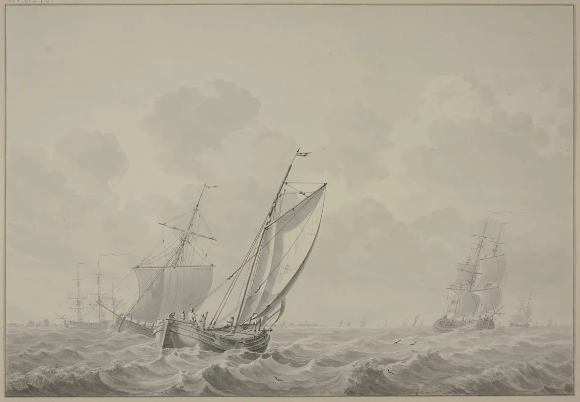 Bewegte See Mit Vielen Schiffen Vorne Eine Barke Mit Vier Mann Nach Rechts Segelnd Wall Art by Cornelis de Grient - High-Resolution Digital Print