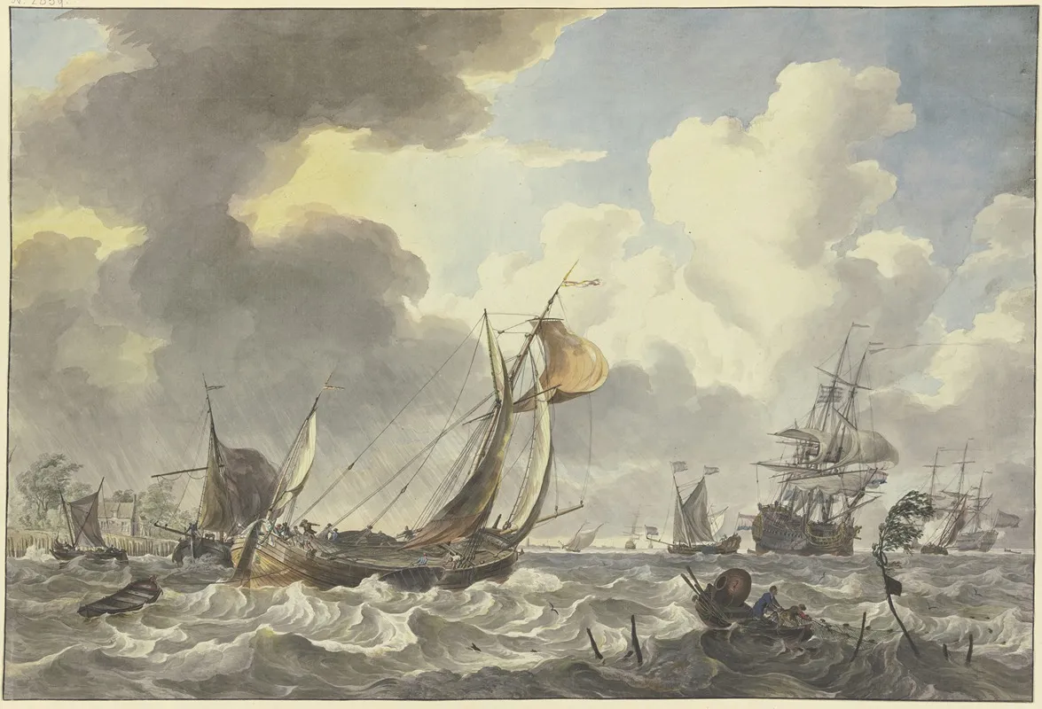 Bewegte See Viele Schiffe Laufen Aus Vorne Rechts Ein Fischerboot In Welchem Ein Netz Gezogen Wird Wall Art by Hendrik Kobell - High-Resolution Digital Print