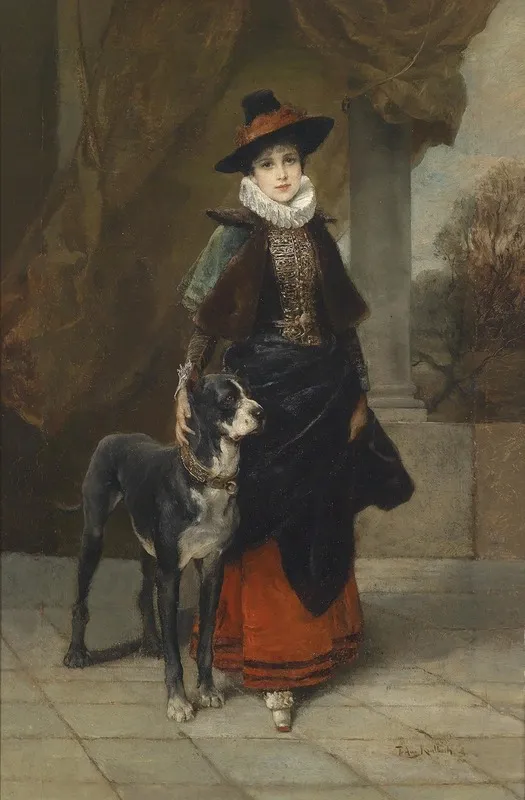 Bildnis Einer Dame Im Historisierenden Kostum Mit Dogge