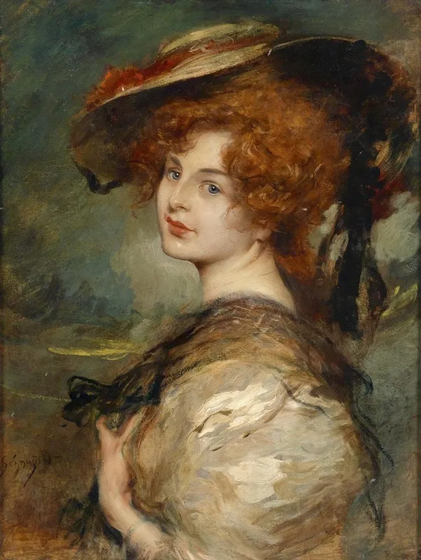 Bildnis Einer Dame Mit Rotem Haar Und Hut Wall Art by Leopold Schmutzler - High-Resolution Digital Print