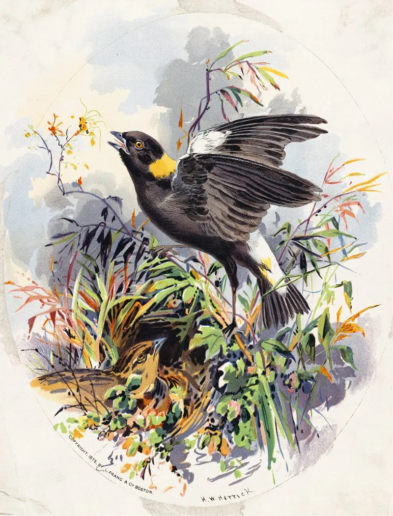Bird Family In Nest Among Grasses Wall Art by Henry Walker Herrick - High-Resolution Digital Print