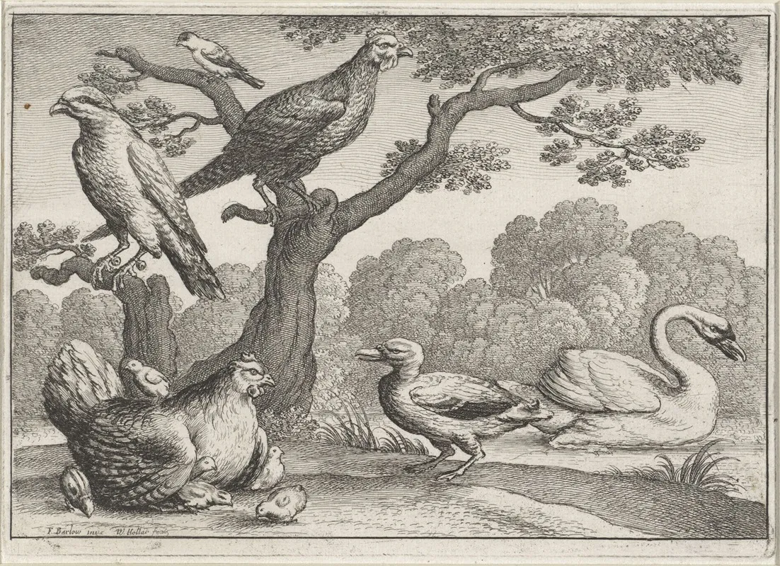 Birds By A River A Swan And Duck A Chicken With A Brood Of Chicks Another Fowl And Two More Birds In A Tree