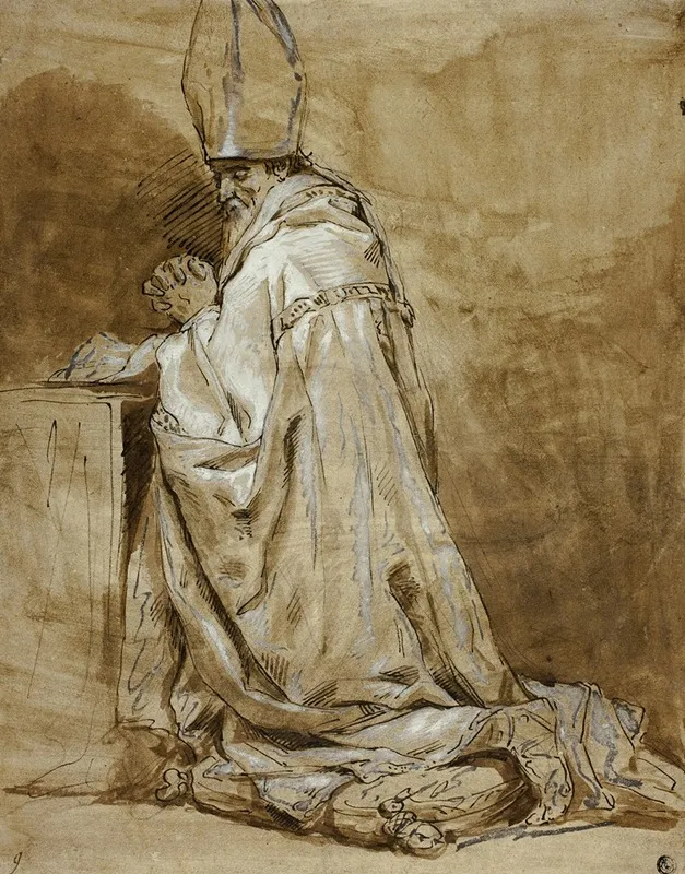 Bishop Kneeling In Prayer Wall Art by Follower of Abraham Bloemaert - High-Resolution Digital Print