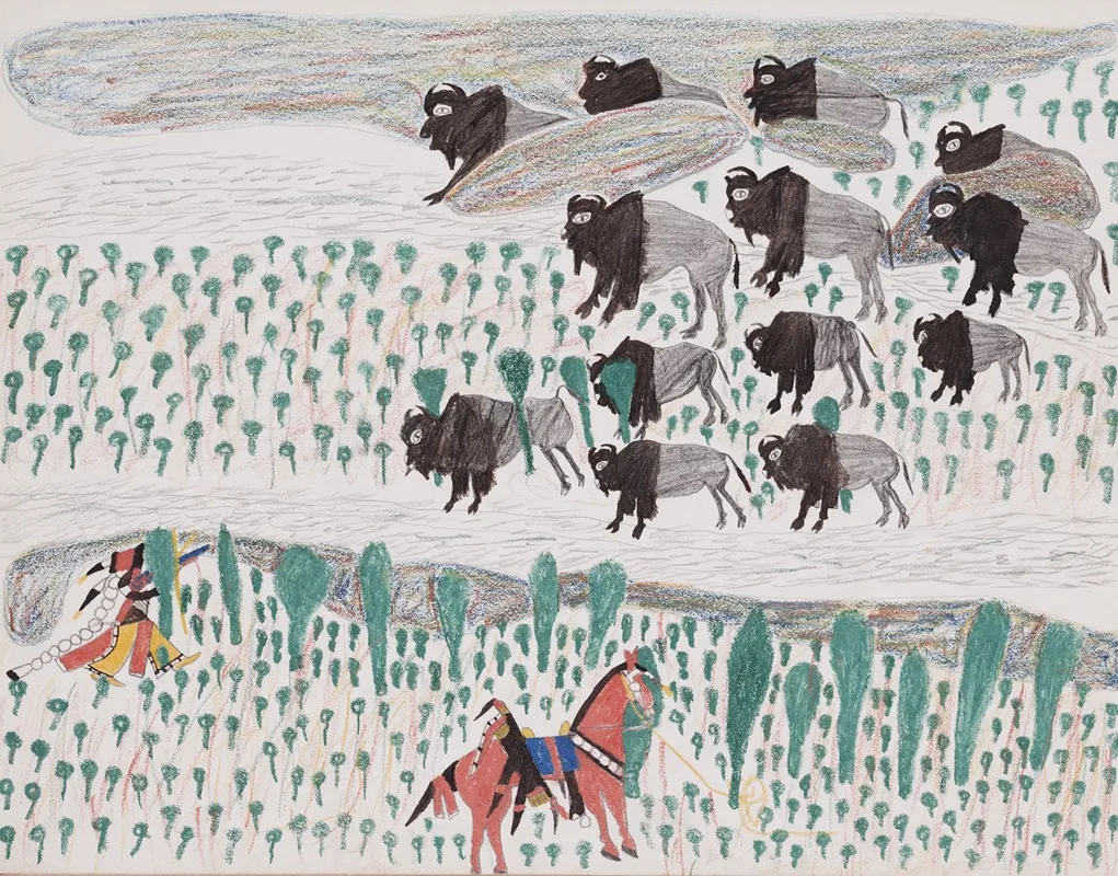 Bison Hunt With Indian On Horseback And On Foot Wall Art by Howling Wolf - High-Resolution Digital Print