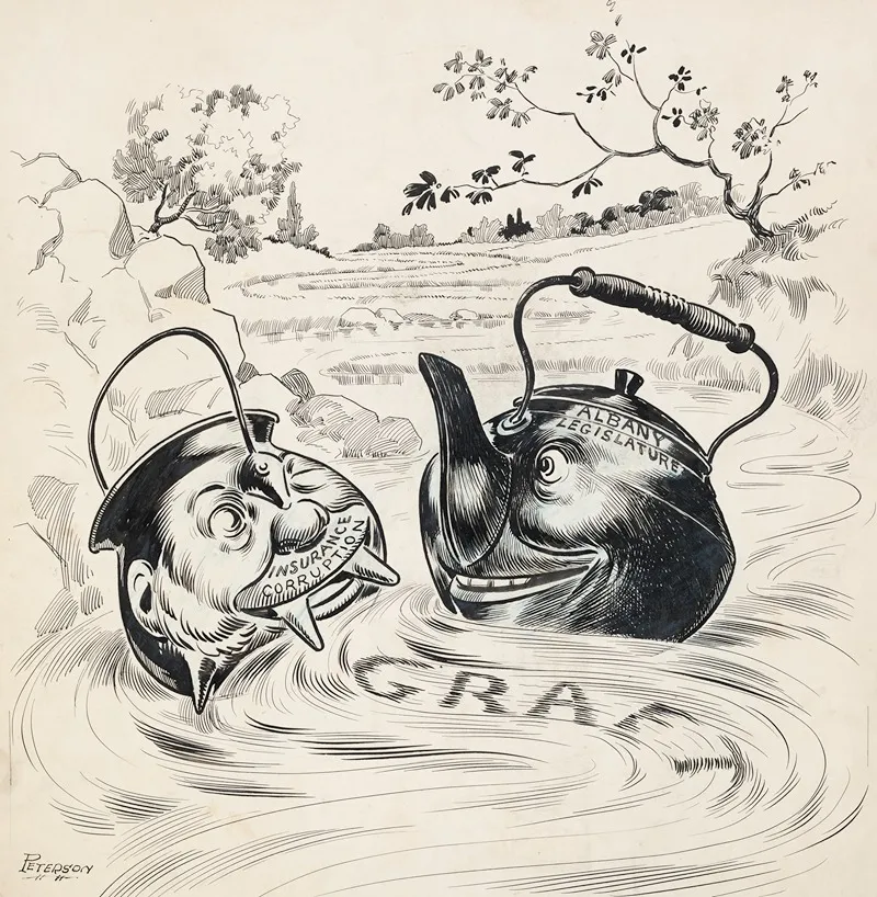 Black Kettle Labeled Albany Legislature And Black Pot Labeled Insurance Corruption Floating Down Stream Of Graft Together Wall Art by Peterson - High-Resolution Digital Print