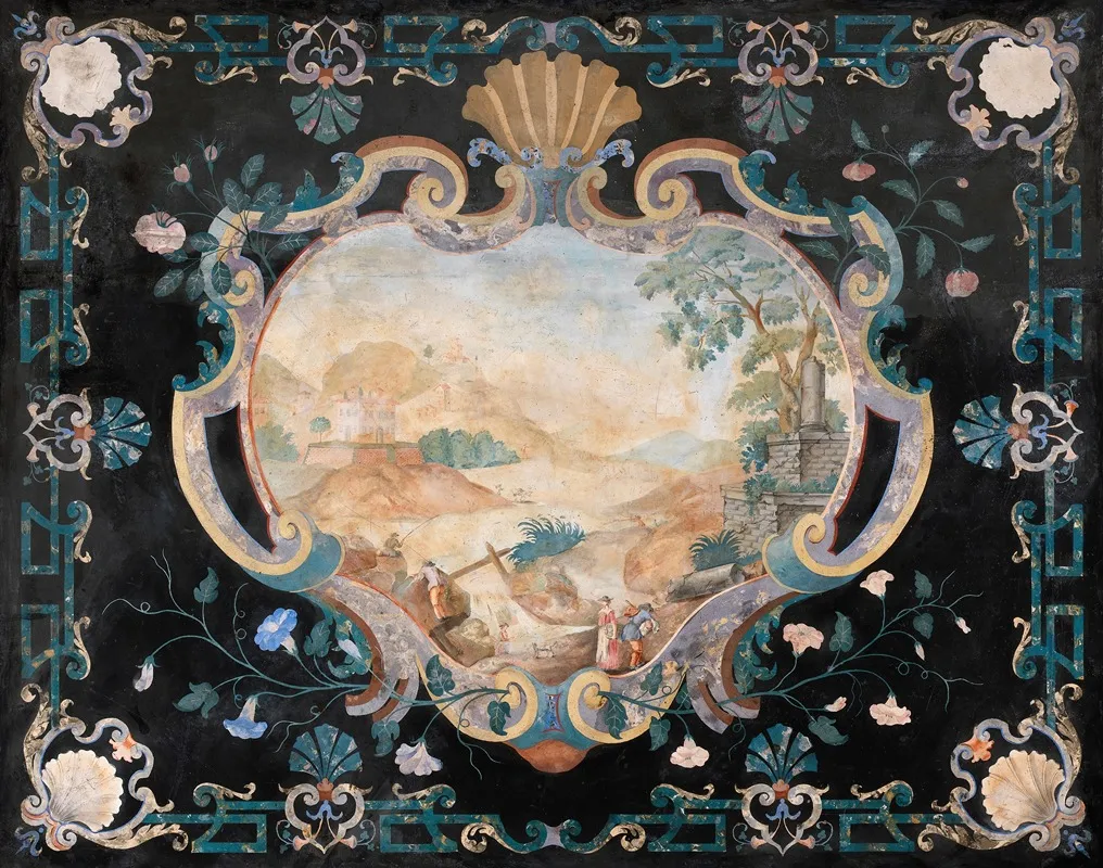 Black Scagliola Tabletop With A Landscape Wall Art by Pietro Belloni - High-Resolution Digital Print